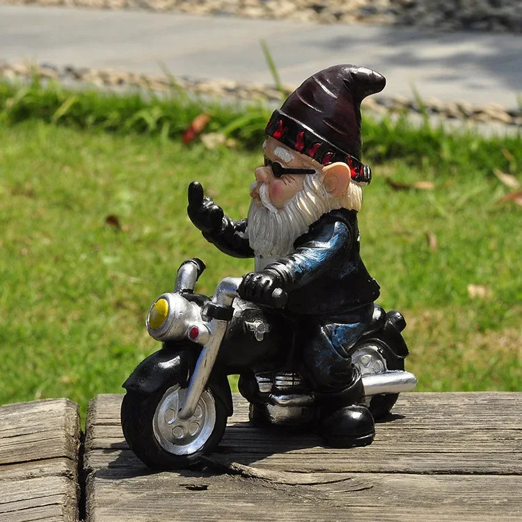 Calidora - Uroczy Krasnal na Motocyklu Figurka z Żywicy do Pięknej Dekoracji Ogrodu